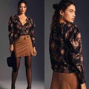 ☀️ ANTHROPOLOGIE MISA Siena Blouse Floral Long Sleeve Top Tie Neck Smocked Cuff